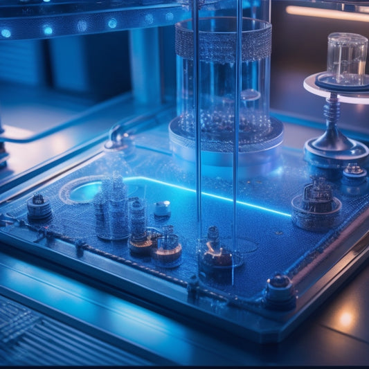 A futuristic, high-contrast laboratory setting with a spotlight shining down on a sleek, metallic obstacle course featuring intricate mazes, tiny gears, and delicate glass balances.