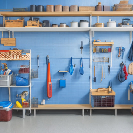 A well-organized garage with three-tiered shelving units, bins, and baskets, surrounded by a pegboard with hanging tools, a workbench with a vise, and a slatwall with hooks and accessories.