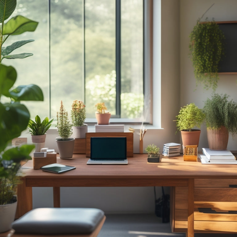 A serene and minimalist workspace with a wooden desk, a neatly organized drawer, and a few carefully placed productivity tools, surrounded by plants and natural light.