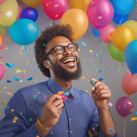 A vibrant, stylized illustration of a person surrounded by colorful confetti, balloons, and streamers, holding a planner and a pen, with a subtle background of calendar dates and party hats.