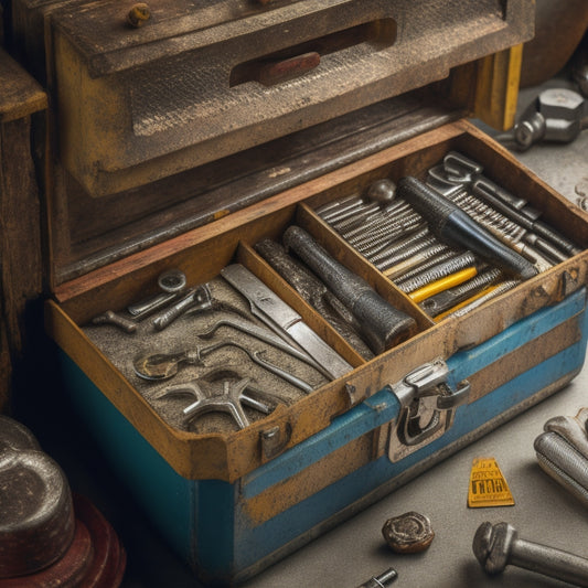 A cluttered toolbox overflowing with disorganized wrenches, screwdrivers, and pliers, surrounded by scattered nuts and bolts, with a faint glimpse of a tidy, organized toolbox in the background.