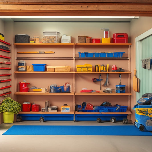 A clutter-free one-car garage with a slatwall, hooks, and bins, featuring a parked car, a workbench with tools, and a loft storage area with labeled containers and a pull-down ladder.