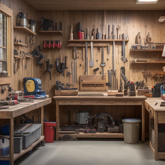 A well-organized woodworking shop with a large pegboard on the wall, holding various tools and accessories, including a tape measure, level, drill, and saw, with a workbench and storage bins in the background.