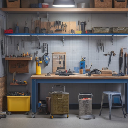 A well-lit workshop with a wall-mounted pegboard, hooks, and bins, showcasing organized tools and accessories, with a few wrenches, pliers, and screwdrivers hanging from the board, amidst a tidy workbench and floor.