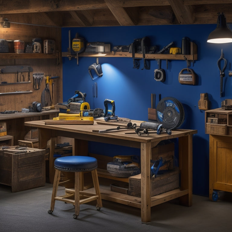 A clutter-free, well-lit workshop bench with a mix of power tools (e.g., drill, impact driver, circular saw) and organized toolboxes (e.g., metal, wooden, portable) in the background.