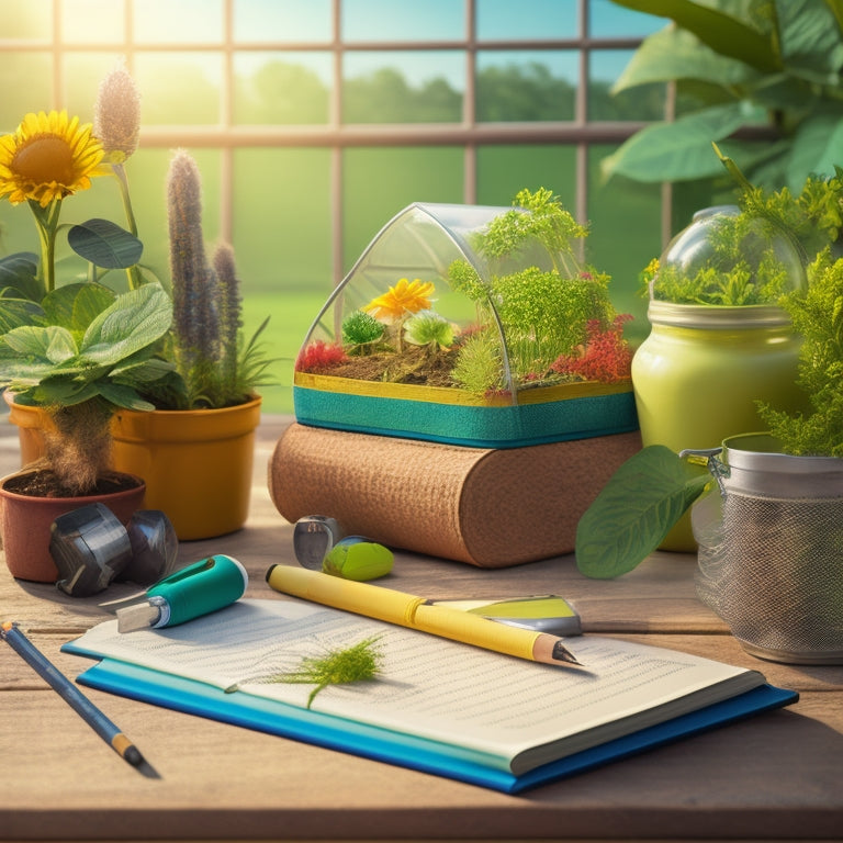 A whimsical illustration of a mini greenhouse filled with various types of sprouting plants, surrounded by scattered notebooks, pencils, and a few gardening tools, set against a warm, sunny background.