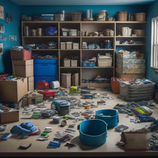 A cluttered room with various items scattered on the floor, surrounded by differently sized rolling storage bins with measuring tapes wrapped around them, against a clean and organized background.