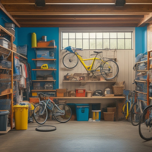 A cluttered garage with tools and boxes scattered on the floor, transitioning to a organized space with overhead storage racks holding bins and bicycles, surrounded by a ladder and a drill.