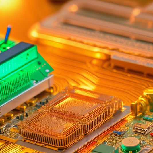 A close-up of a crossover circuit board with a thermometer and a clock in the background, surrounded by heat sinks, thermal paste, and various resistors with different wattage ratings.