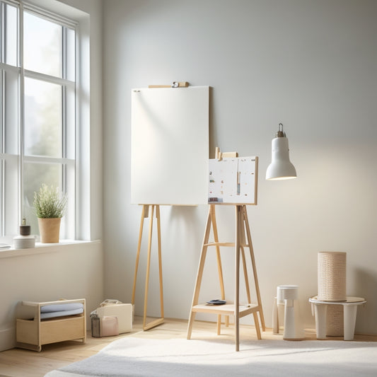 A minimalist, modern room with a white pegboard wall, holding various painting supplies, brushes, and a canvas on an adjustable easel, surrounded by natural light and a few scattered paint swatches.