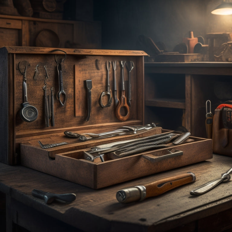 A clutter-free tool box with five distinct wrench organizers, each filled with neatly arranged wrenches of varying sizes, amidst a backdrop of a wooden workbench with scattered tools and a subtle metallic glow.