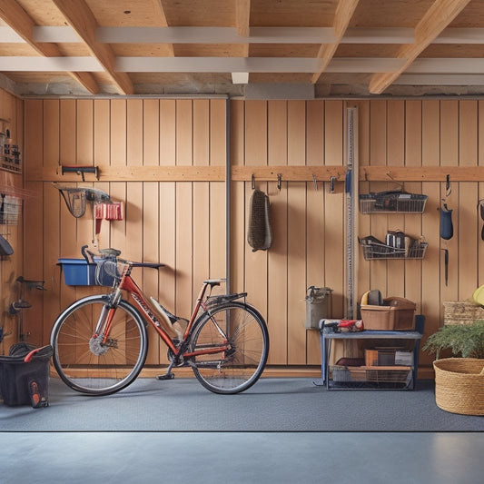 A clutter-free garage with a slatted wooden ceiling, showcasing a installed shelving system, hanging bicycles, and storage bins, alongside a ladder and a few well-organized tools on the wall.
