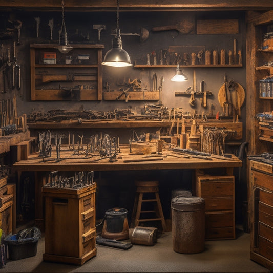 A neatly organized, brightly lit workshop with a wooden workbench, surrounded by four to six portable stacked tool sets with varying sizes and configurations, each with a mix of wrenches, pliers, and screwdrivers.
