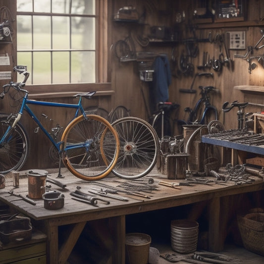 A cluttered but organized bicycle workshop with various tools and parts scattered across a wooden workbench, a half-assembled bike frame on a stand, and a wheel truing stand in the background.