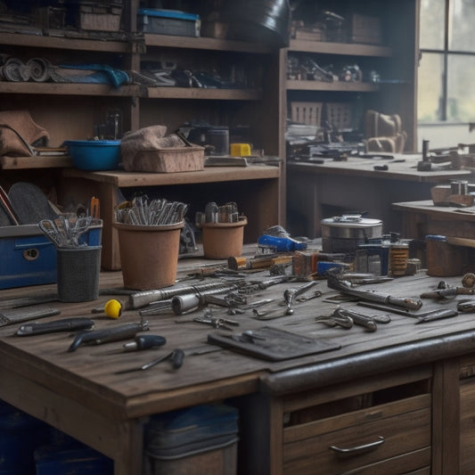 A cluttered workbench with scattered small tools, screws, and parts, surrounded by open drawers and disorganized containers, contrasted with a tidy, custom storage system in the background.