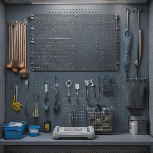 A well-lit, close-up shot of a metallic pegboard panel with various heavy-duty hooks, bins, and tools organized and hanging from it, set against a clean, gray-toned background.