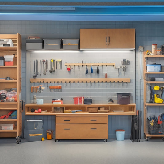 A well-organized garage with a pegboard on the wall, hooks holding tools, and a sleek cabinet with sliding drawers, surrounded by a clean and clutter-free floor and a few neatly arranged boxes.