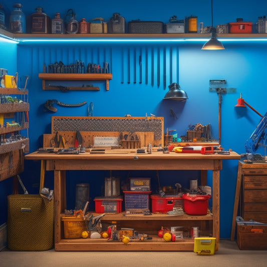 A clutter-free workshop with a pegboard covered in neatly arranged tools, a labeled toolbox, and a workbench with a few strategically placed items, lit by a single overhead LED light.