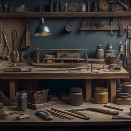 A clutter-free workshop with a wooden workbench, surrounded by five small tool organizers in various shapes and sizes, each filled with neatly arranged hand tools and accessories.