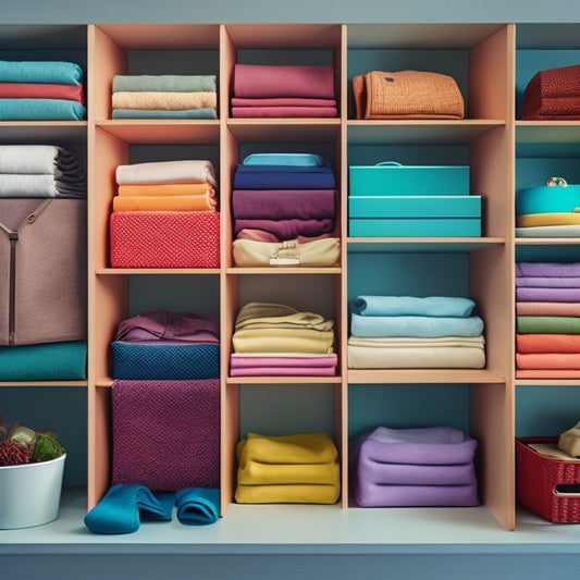 A neatly organized shelf with 5-7 storage box sets of varying sizes, shapes, and materials, with some open to reveal colorful, neatly folded clothes and accessories inside.