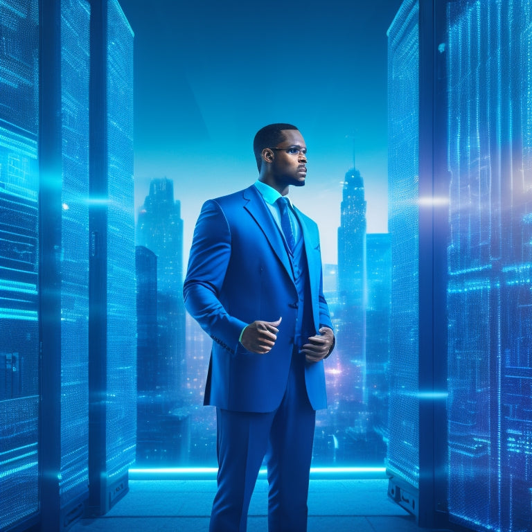 An illustration of a small business owner standing confidently in front of a digital vault with glowing blue circuits, surrounded by floating folders and keys, with a cityscape in the background.