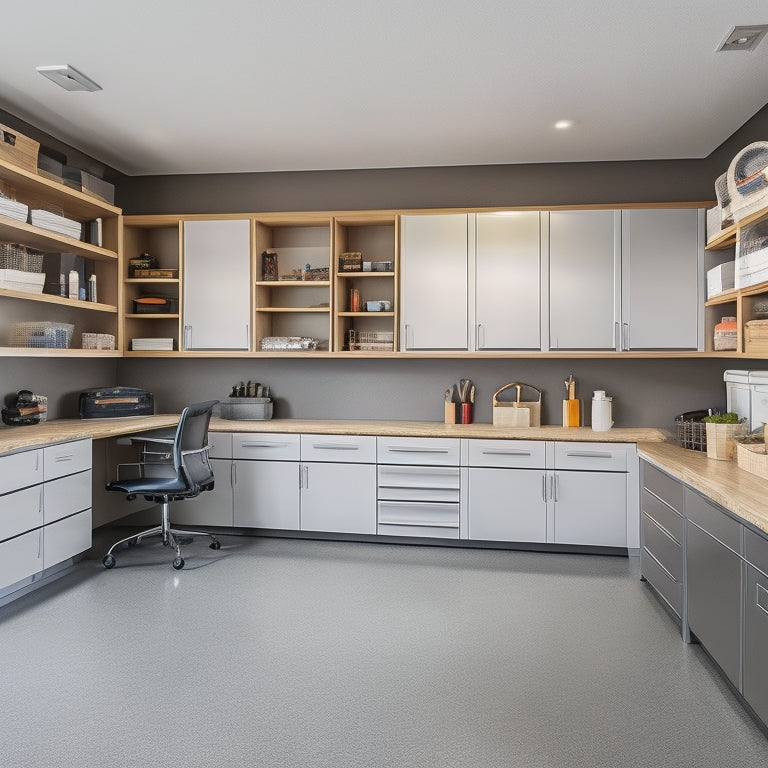 A well-organized garage with sleek, floor-to-ceiling storage units, slatwall organization systems, and a custom workbench with built-in cabinets, all in a modern, neutral color palette with plenty of natural light.