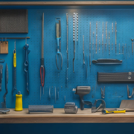 A pegboard with a variety of tools hung from hooks, including a tape measure, level, pliers, screwdrivers, wrenches, hammers, and a utility knife, arranged in a visually appealing and organized manner.