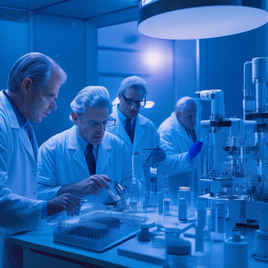 A futuristic laboratory scene with gleaming metallic equipment, glowing blue tubes, and a sprawling model of the human brain, surrounded by curious scientists in white coats, peering through microscopes.