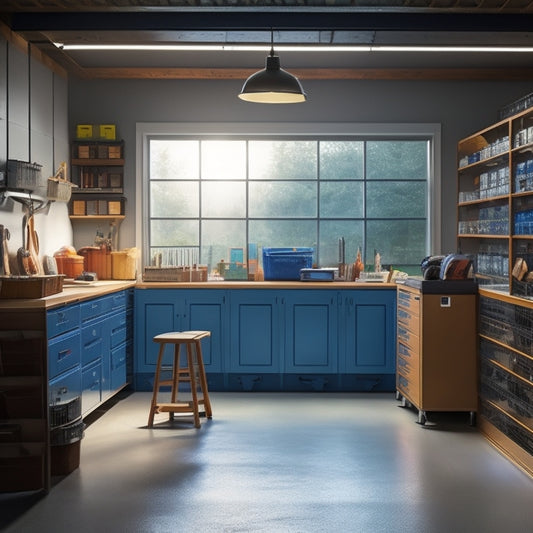 A well-organized garage with floor-to-ceiling storage units, labeled bins, and a sleek workbench, illuminated by natural light pouring in through a large window.