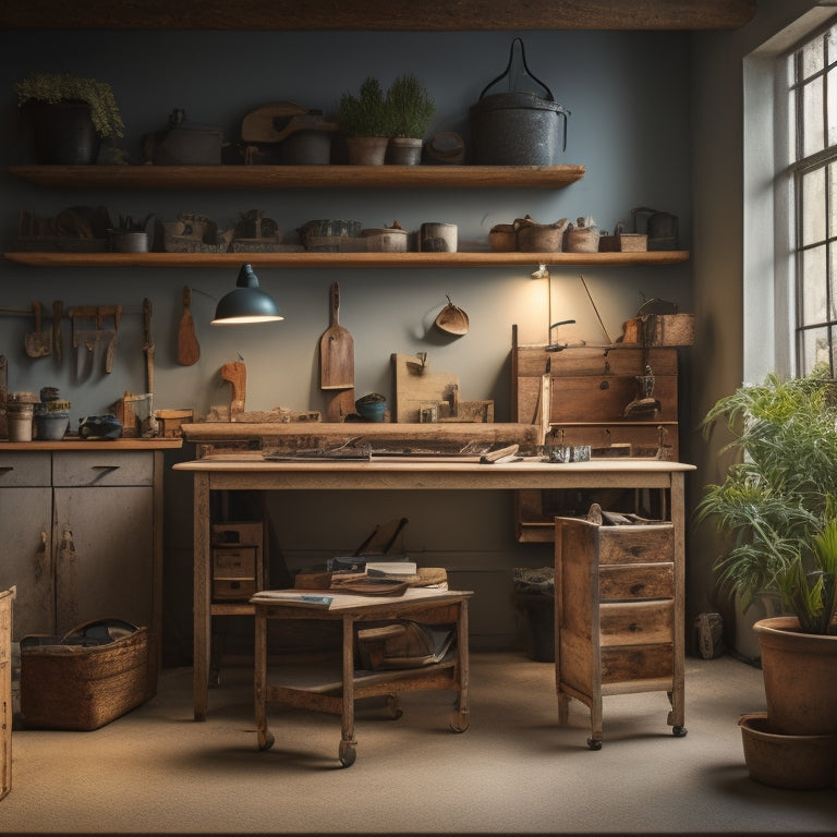 A well-lit, clutter-free workshop with a sturdy workbench featuring three drawers of varying sizes, each with metal handles, set against a neutral-colored wall with a few scattered tools and a small potted plant.