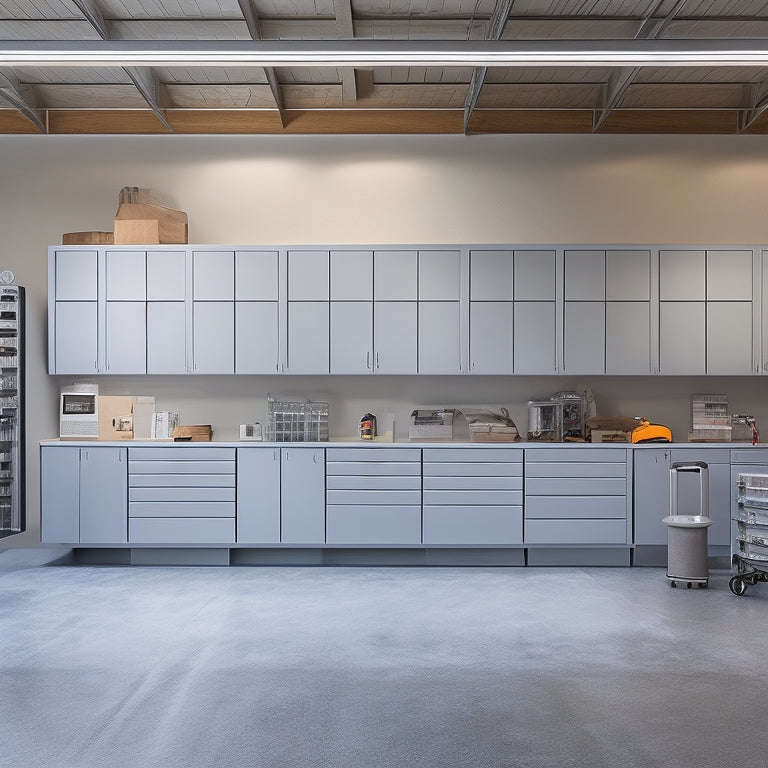 A well-lit, organized garage interior with three identical, handle-free workshop cabinets in a neutral color, with sleek, modern hardware, surrounded by a tidy, polished concrete floor and minimalist decor.