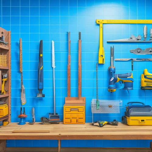 A clutter-free workshop with a pegboard displaying various cordless tool holders, each holding a different tool, such as drills, saws, and drivers, with a faint grid pattern in the background.