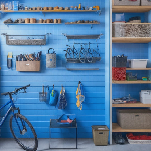 A clutter-free garage interior with a pegboard on the wall, bicycles hung from the ceiling, labeled bins on shelves, and a DIY slatwall with hooks and baskets, all in a bright and organized space.