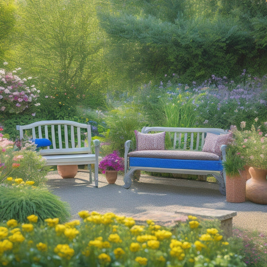 A serene spring yard scene: a tidy patio with a refurbished wooden bench, surrounded by blooming flowers, lush greenery, and a few strategically placed garden ornaments, all set against a bright blue sky.