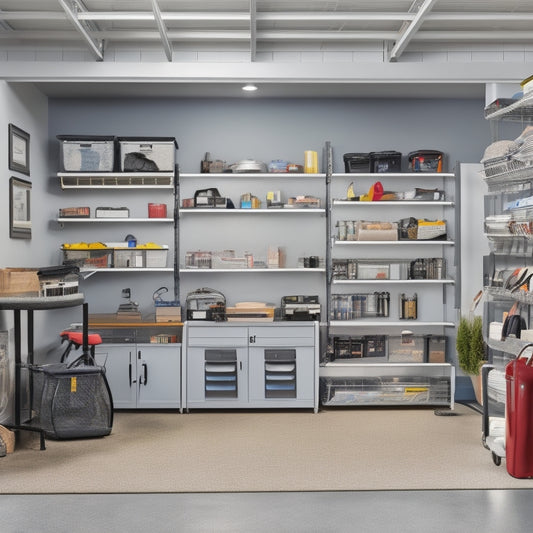 A clutter-free garage with a sleek, silver slatwall system, adjustable shelving, and baskets in various sizes, surrounded by a tidy workspace, a parked car, and a few well-organized tools and accessories.