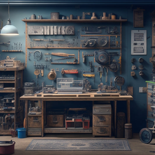 An illustration of a well-organized workshop with a central workstation surrounded by labeled toolboxes, a pegboard with hanging instruments, and a clock with gears visible beneath its face.