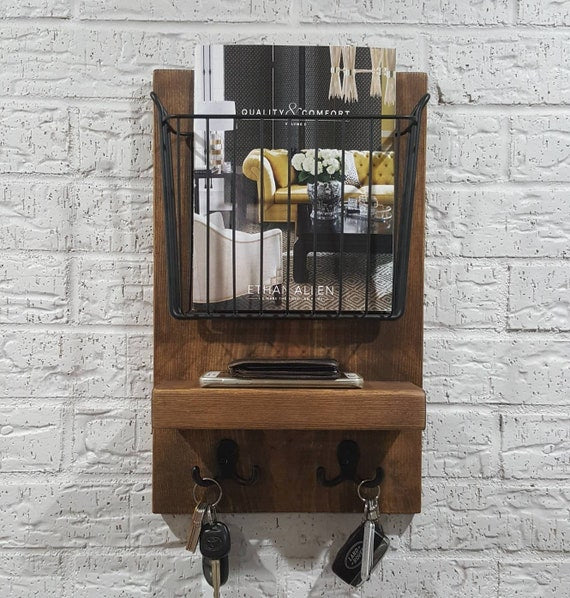 Simply Rustic Mail Organizer Shelf with Magazine Basket and Key Hooks by KeoDecor