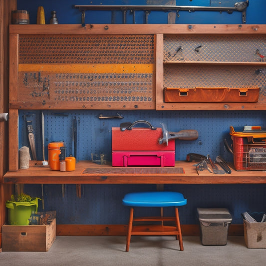 A clutter-free workshop with a pegboard featuring hanging tools, a wooden crate converted into a storage bench, and a magnetic strip on a metal cabinet holding small metal tools.