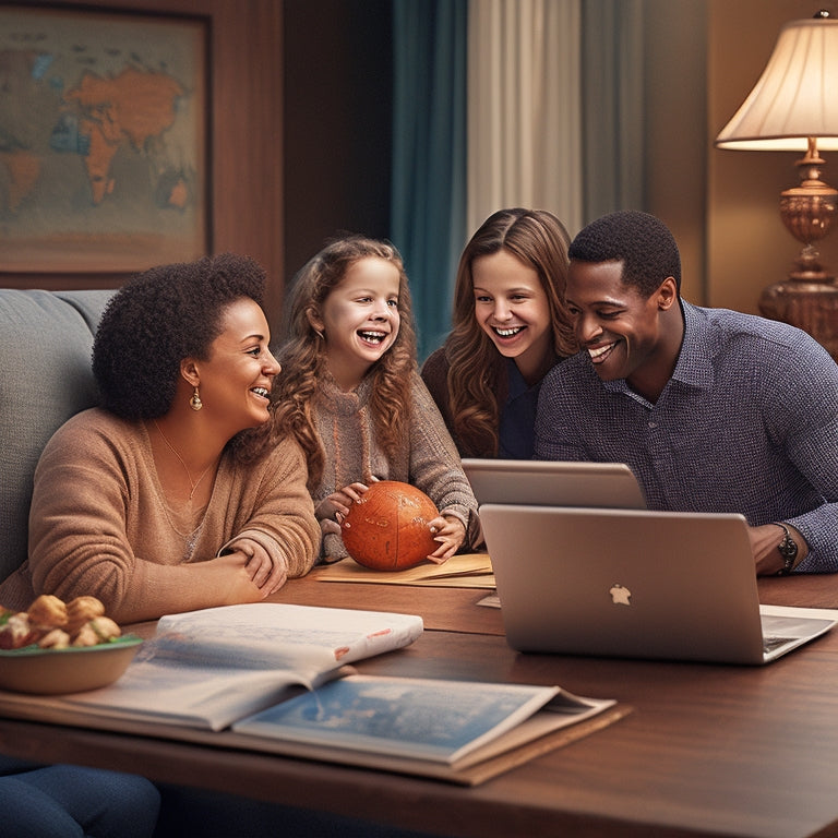 An illustration of a smiling family gathered around a laptop, with conference-themed props like a globe, scripture markers, and a "Come, Follow Me" manual, surrounded by snacks and comfy pillows.