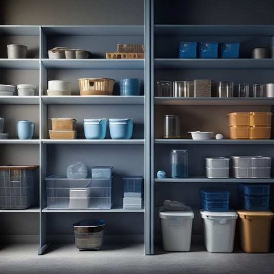 A tidy, well-lit shelving unit with 5-7 assorted, highly rated plastic storage bins in various sizes, stacked and arranged in a harmonious, organized manner, with subtle shadows and reflections.