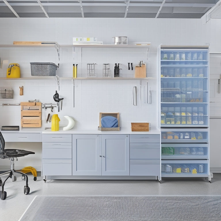 A well-organized garage with a custom-built cabinet system featuring sliding drawers, adjustable shelves, and a pegboard with hanging tools, set against a clean, light-gray concrete floor and white walls.