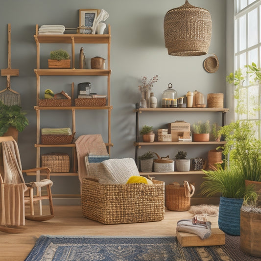 A clutter-free living room with a repurposed ladder turned into a bookshelf, woven baskets storing throw blankets, and a pegboard displaying organized cleaning supplies and tools.