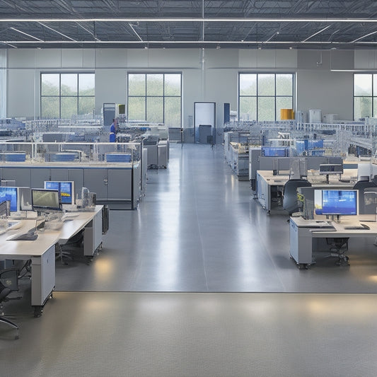 A modern, well-lit factory floor with a row of sleek, silver Flextur workstations, each featuring a sturdy steel frame, adjustable ergonomic chairs, and a mix of computer screens and toolholders, amidst a bustling atmosphere of productivity.