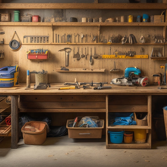 A clutter-free workshop with organized toolboxes, labeled bins, and a pegboard with neatly hung tools, surrounded by a few scattered tools and a partially built wooden project in the background.