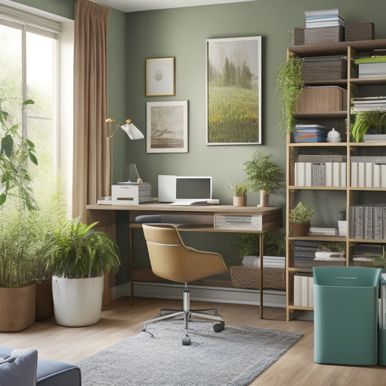 A tidy office with a desk, chair, and bookshelf, featuring multiple storage bins in various sizes and colors, filled with organized office supplies, papers, and folders, with a few plants in the background.