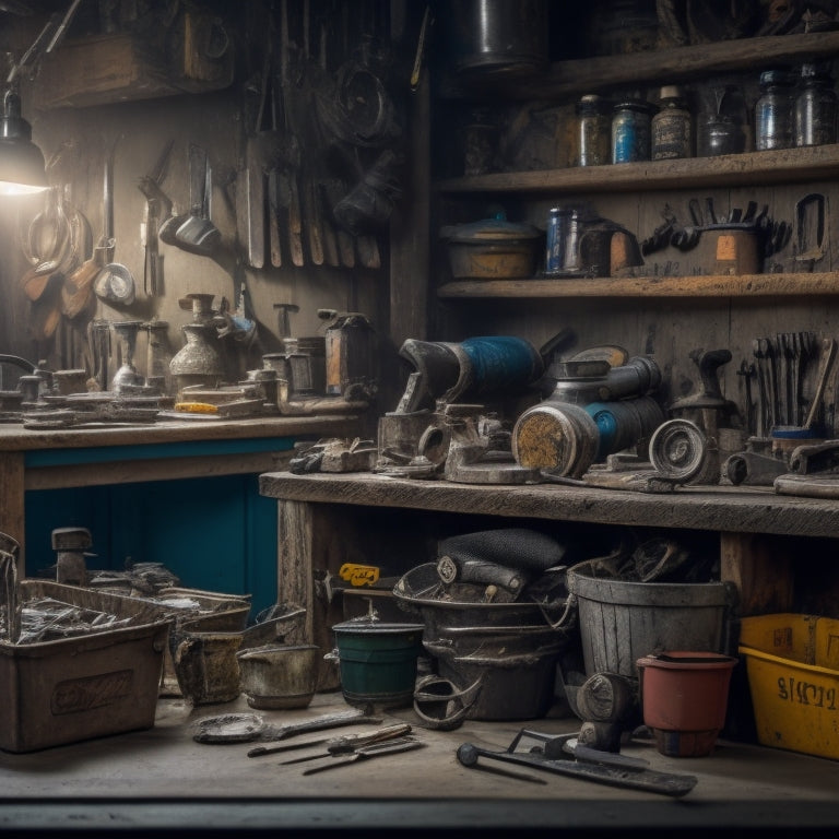 A cluttered workshop background with various tool storage containers of different brands, sizes, and shapes, with some open to reveal organized tools, and a few with price tags attached.