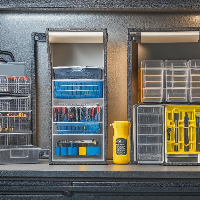 A clutter-free workshop with a row of transparent, stackable plastic tool organizer boxes, each filled with neatly arranged wrenches, pliers, and screwdrivers, against a dark gray background.