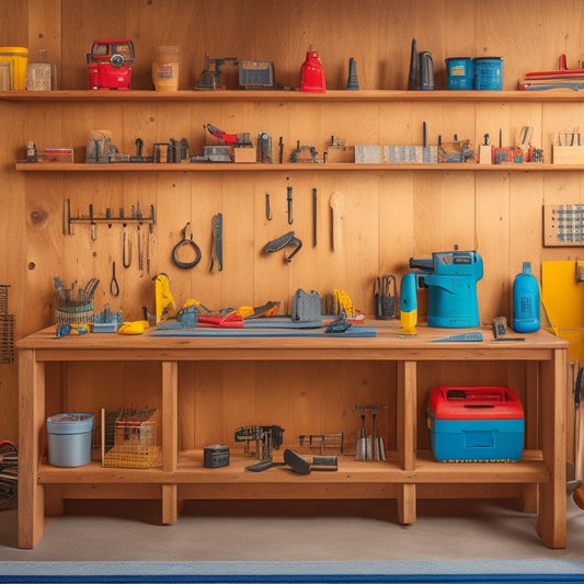 A clutter-free workbench with a cordless drill, level, and tape measure arranged neatly alongside a half-built wooden shelf, surrounded by organized tools and a subtle background of wooden planks and pegboard.