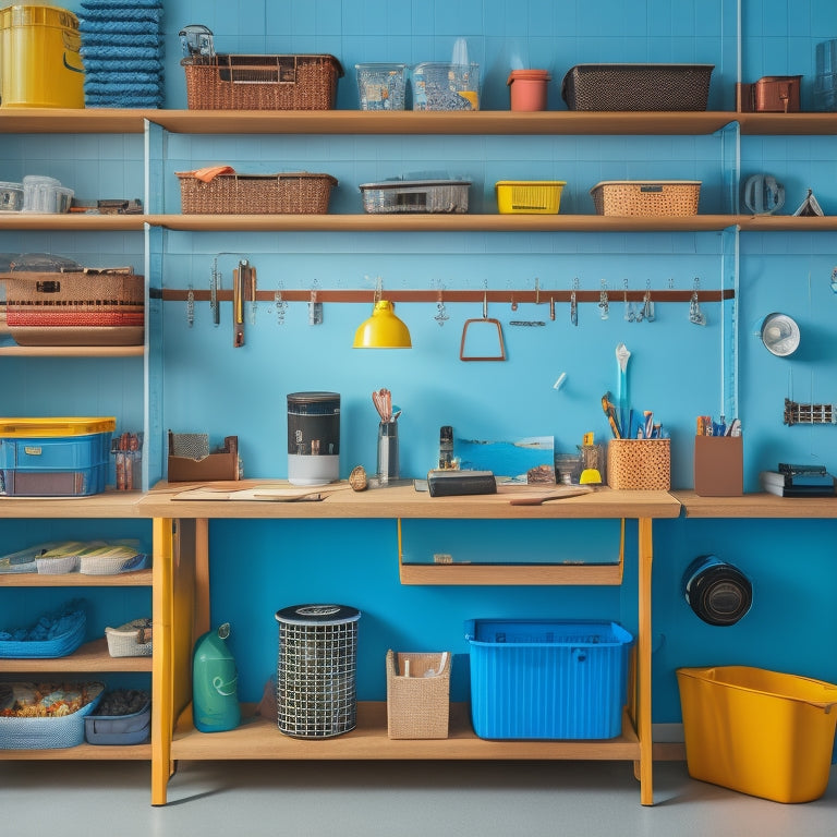 A bright and tidy workspace with a pegboard in the center, filled with various tools and accessories, and a few bins with open lids, showcasing their storage capacity.