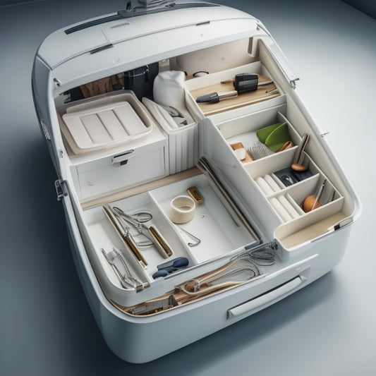 A sleek, white, modern boat with a partially opened storage compartment, revealing a neatly organized array of boat tools and equipment, with compartments, dividers, and hooks.